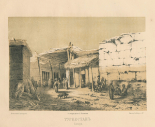 Turkestan. Markt. Autor D.Velezhev. Veröffentlicht in Pashino, Petr. Turkestan Provinz im Jahr 1866: Travel Notes. St.Pb.: Tiblen & Nekliudov, 1866. 