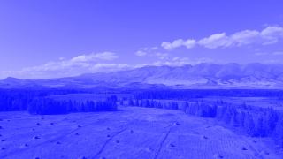 Bild des Altai Gebirges, im Hintergrund eine große Bergkette, darüber der blaue Himmel mit leicher Bewölkung, im Vordergrund eine flache grüne Landschaft