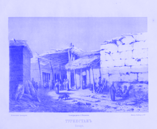 Turkestan. Markt. Autor D.Velezhev. Veröffentlicht in Pashino, Petr. Turkestan Provinz im Jahr 1866: Travel Notes. St.Pb.: Tiblen & Nekliudov, 1866. 